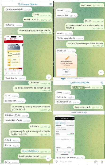 Bằng chứng giao dịch Telegram bán tài khoản VIP 10 nhận 32 triệu